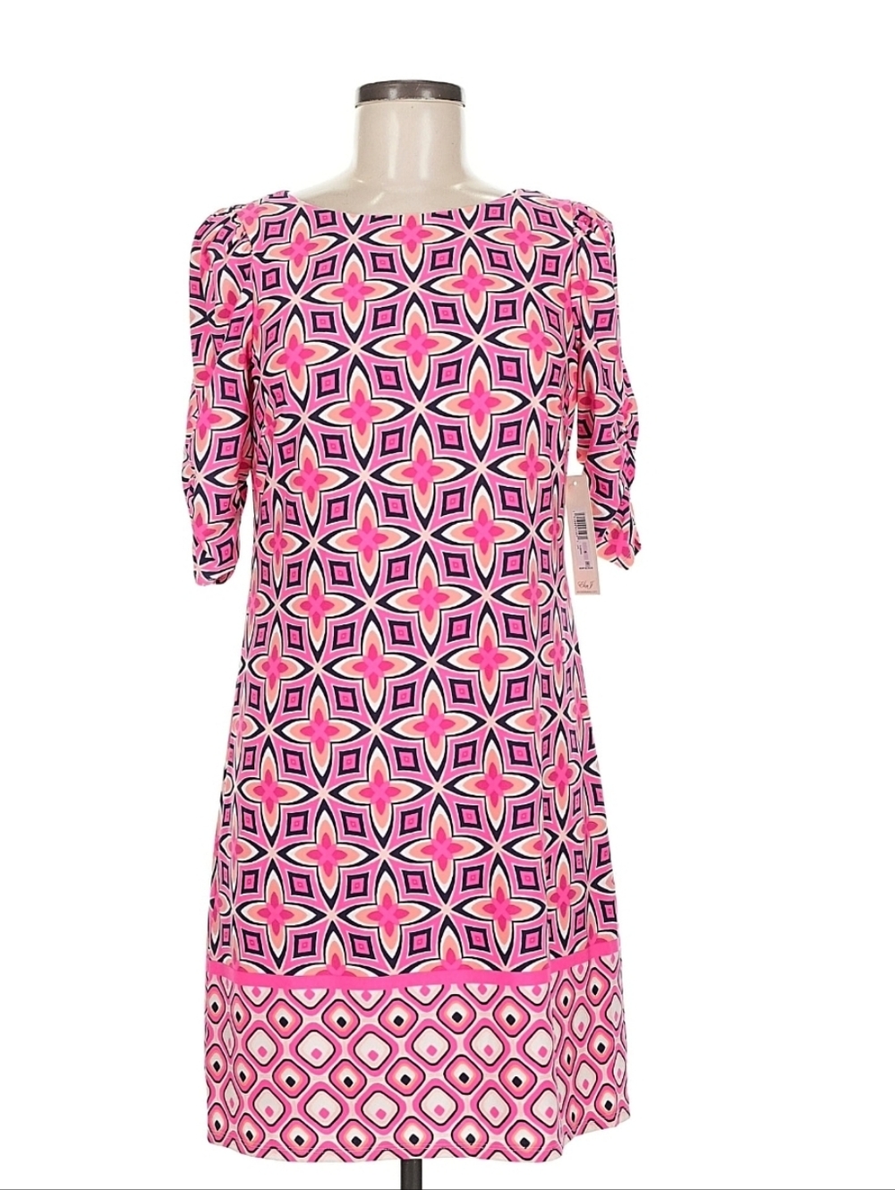 Eliza J Sheath Dress Pink Black Geometric Print 3/4 Rusched Sleeve 6 NWT